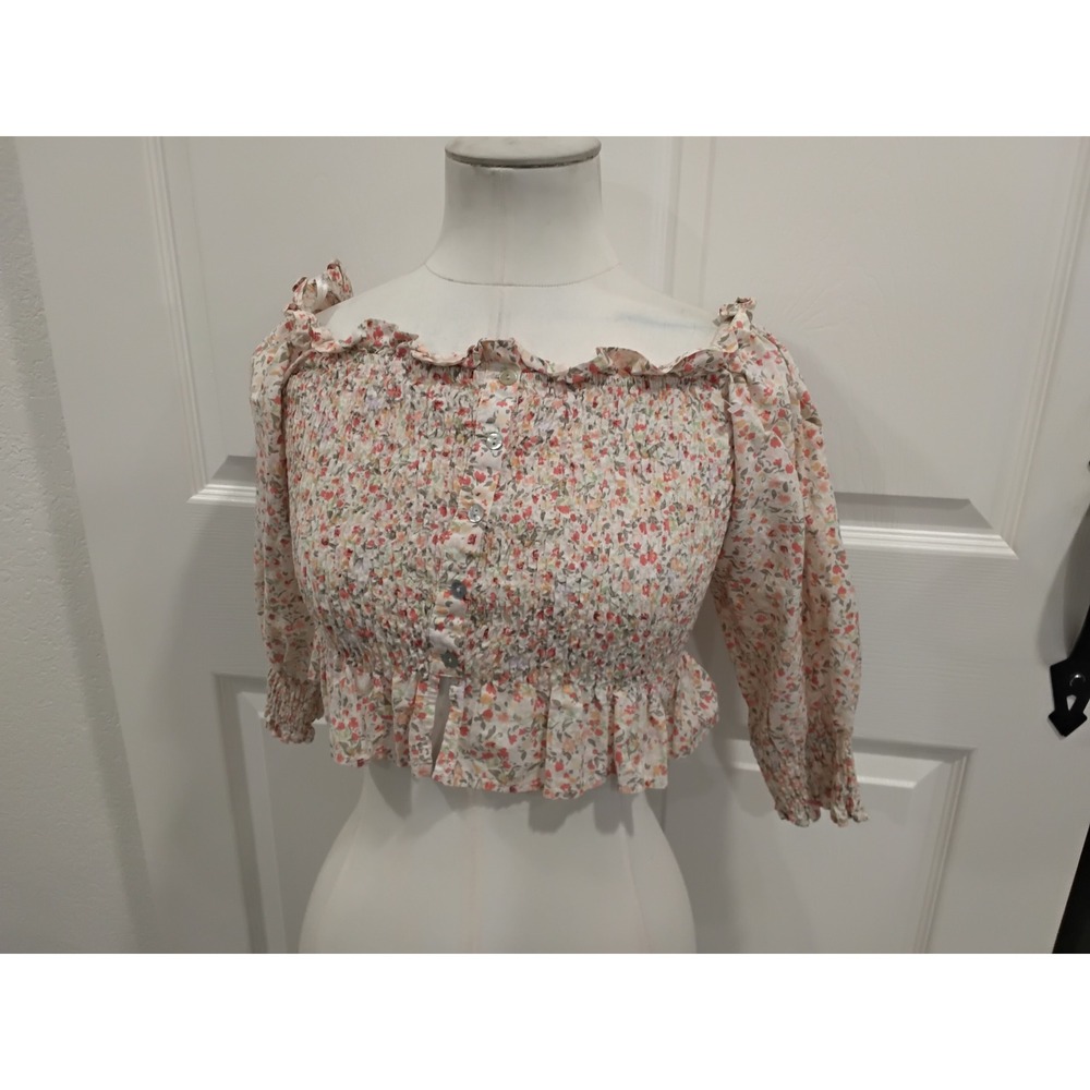 ZARA Smocked Floral Puff Sleeve‎ Cropped Blouse Square Neck Ruffle-M